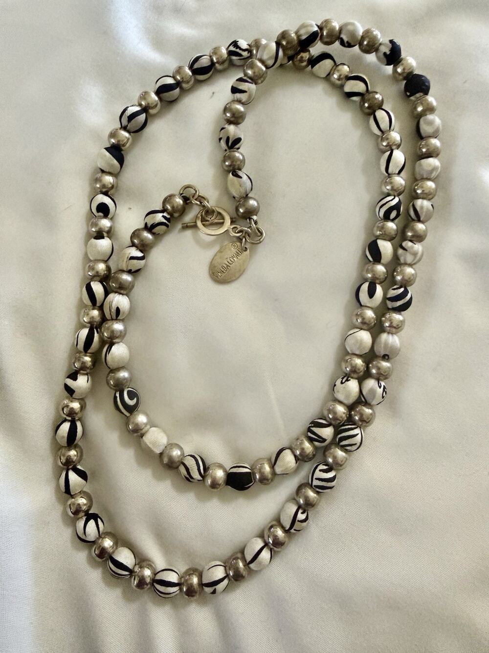 Vintage Pineda Covalin Necklace, silk and Silver Beads 34”